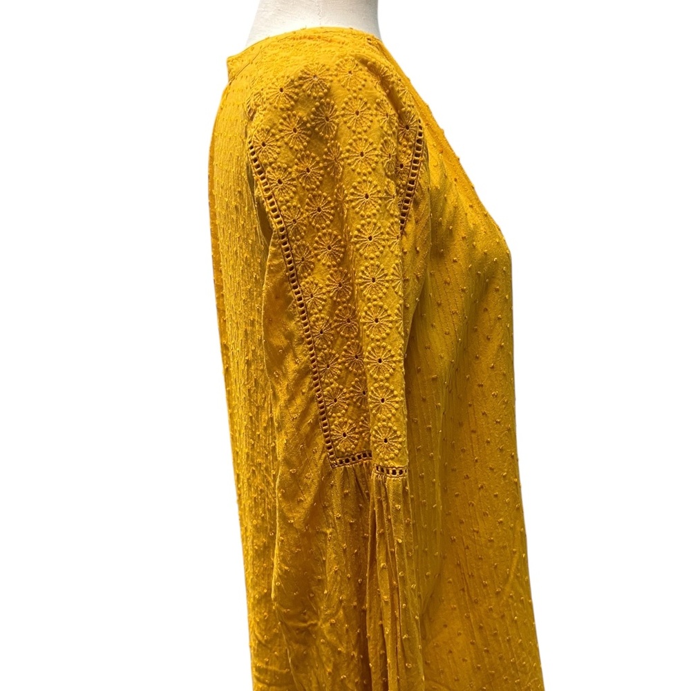 LOFT Aztec Gold Top Pullover Cutout Swiss Dot /Clip Dot Split Neck Long Sleeves - Picture 5 of 7